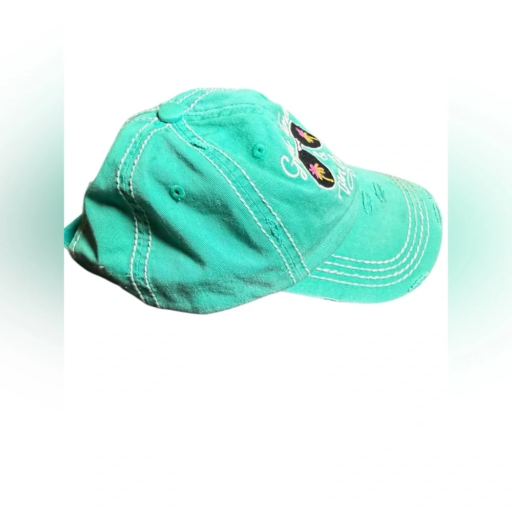 Good times & tan lines  🕶️🌴☀️distressed hat in aqua blue green with sunglasses